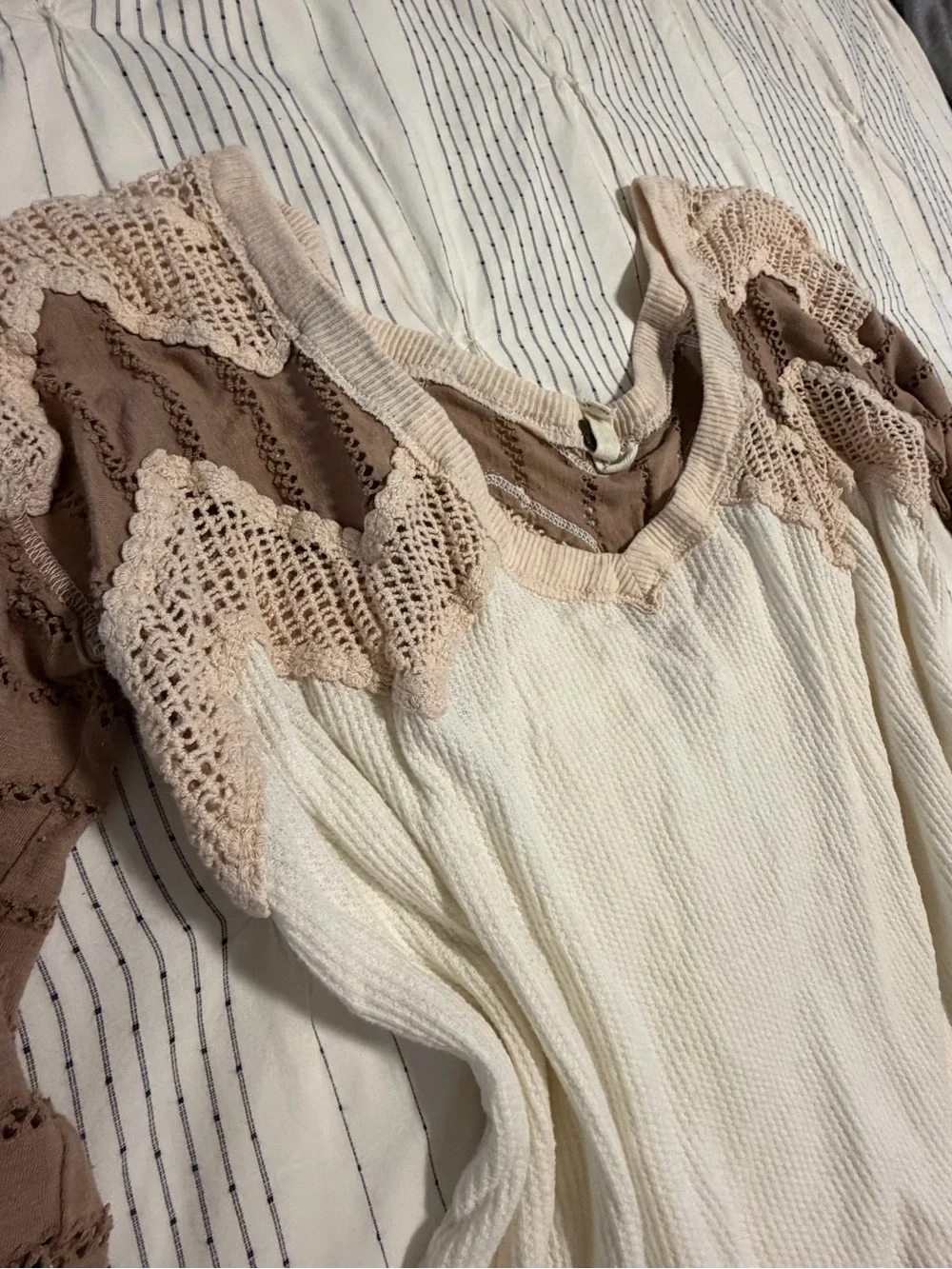 Free People Cream Ribbed 3/4 Sleeve Tee with Taupe Crochet Yoke